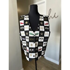 Vintage Paul Harris Indy 500 Racing Car Checkerboard Vest Women Large Black Gold